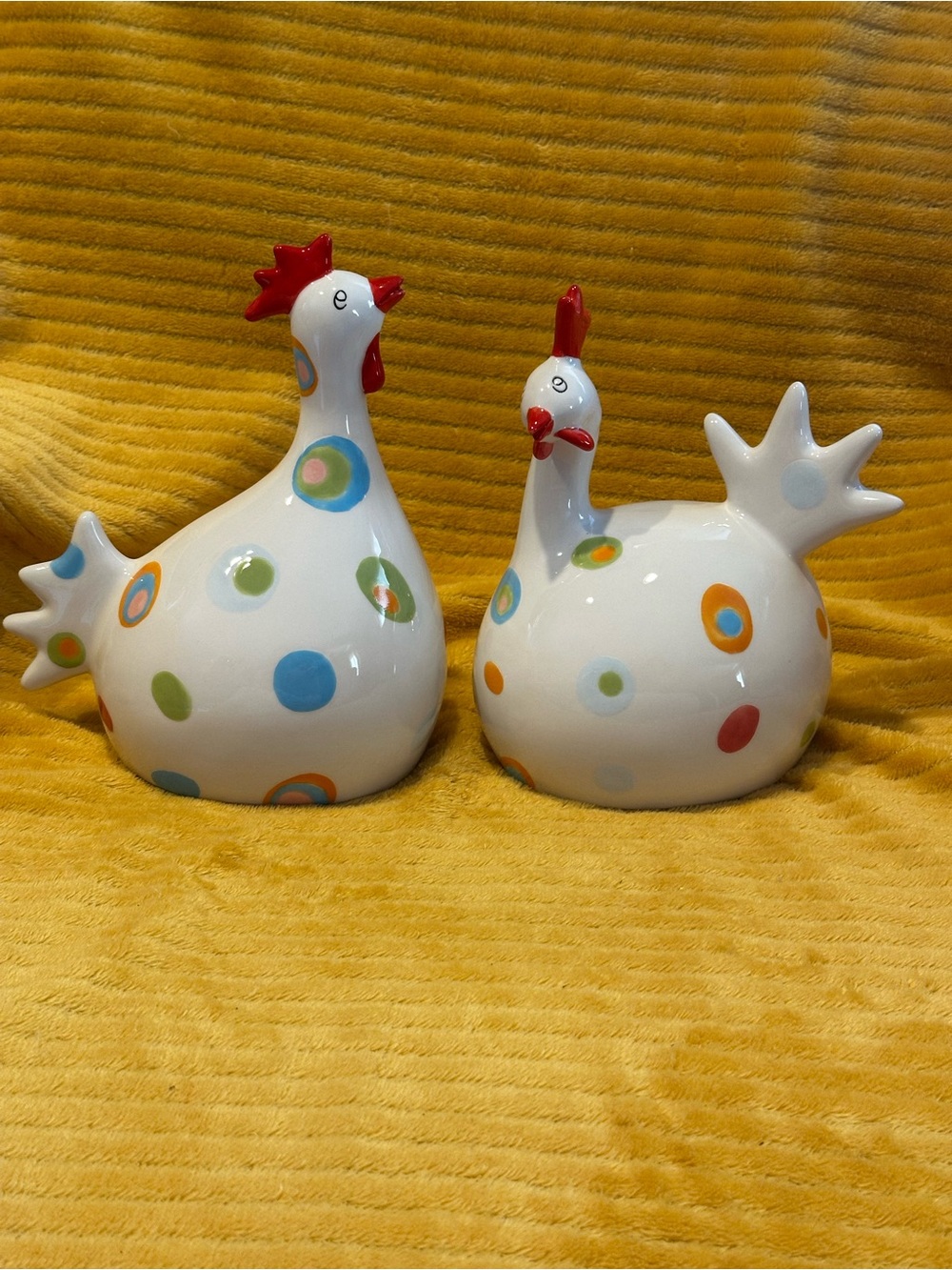 Colorful Polka Dot Ceramic Chickens - White with Multicolor Dots